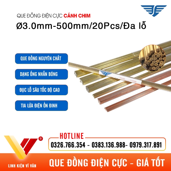 Que đồng điện cực EDM Ø3.0mm 500mm 20Pcs Cánh Chim chính hãng | Vĩ Văn