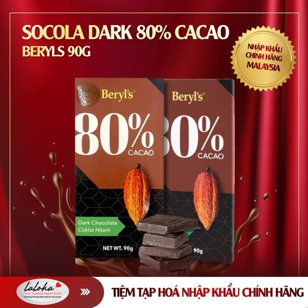 SOCOLA | BERYLS - MALAYSIA | DARK 80% CACAO | 90G