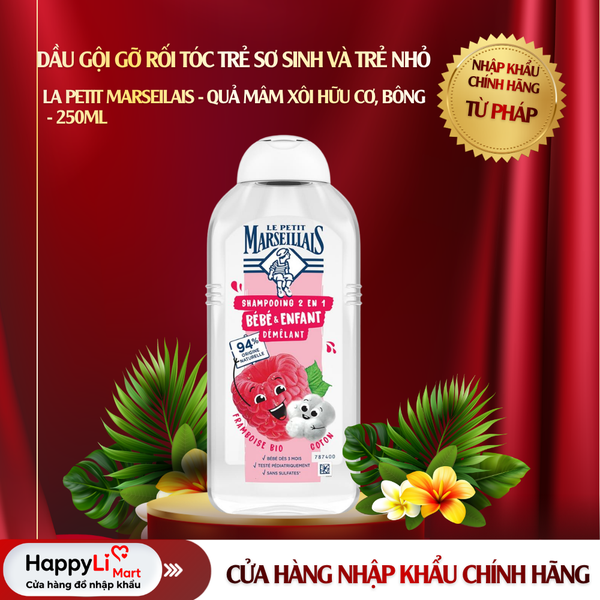 DẦU GỘI GỠ RỐI TÓC TRẺ SƠ SINH | LE PETIT MARSEILLAIS - PHÁP | QUẢ MÂM XÔI HỮU CƠ, BÔNG | 300ML