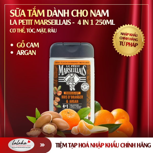 GEL TẮM CHO NAM | LE PETIT MARSEILLAIS - PHÁP | GỖ CAM, DẦU ORGAN | CƠ THỂ, TÓC, MẶT, RÂU | 250ML
