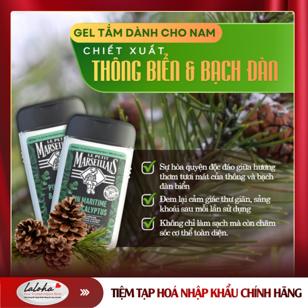 GEL TẮM CHO NAM | LE PETIT MARSEILLAIS - PHÁP | THÔNG BIỂN, BẠCH ĐÀN | CƠ THỂ, TÓC, MẶT, RÂU | 250ML