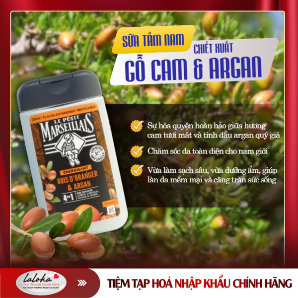 GEL TẮM CHO NAM | LE PETIT MARSEILLAIS - PHÁP | GỖ CAM, DẦU ORGAN | CƠ THỂ, TÓC, MẶT, RÂU | 250ML