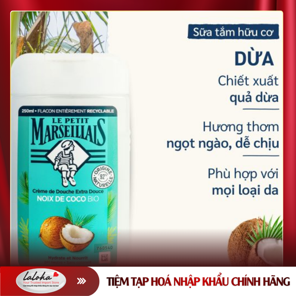 SỮA TẮM DẠNG KEM DỊU NHẸ| LE PETIT MARSEILLAIS -PHÁP | DỪA HỮU CƠ | 250ML