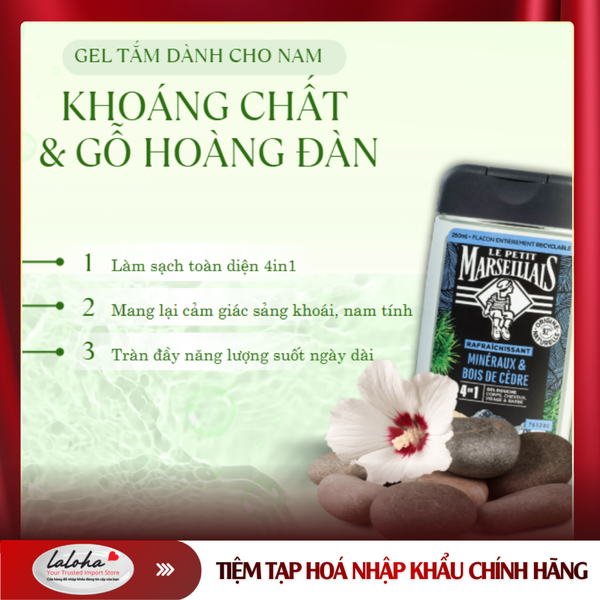 SỮA TẮM DẠNG KEM CHO NAM| LE PETIT MARSEILLAIS - PHÁP | GỖ HOÀNG ĐÀN & KHOÁNG CHẤT TƯƠI MÁT | CƠ THỂ, TÓC, MẶT, RÂU | 250ML