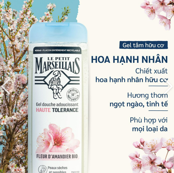 GEL TẮM CHO DA NHẠY CẢM | LE PETIT MARSEILLAIS - PHÁP | HOA HẠNH NHÂN HỮU CƠ | 400ML