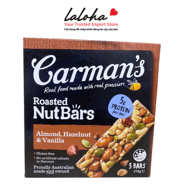 THANH NGŨ CỐC ĂN KIÊNG VỊ HẠNH NHÂN, HẠT PHỈ, VANILLA| BAR CARMAN - ÚC | HỘP NÂU