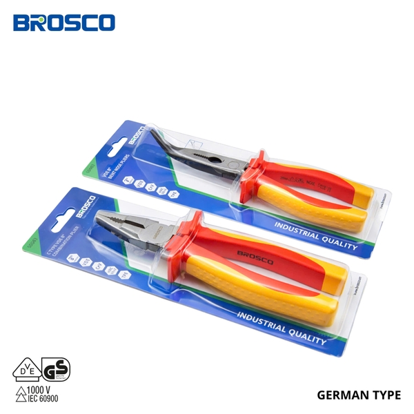 Combo kìm điện và kìm nhọn mỏ cong cách điện 1000V VDE Brosco cho anh em thợ điện hay đấu điện sống