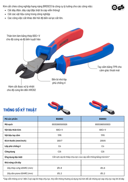 Kìm cắt chéo công nghiệp hạng nặng bằng thép Cr-V kích thước 180mm-200mm Brosco