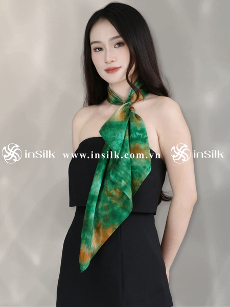 Khăn lụa tơ tằm | khăn lụa vuông 65*65 | InSilk - Diệp vân (xanh lá, cam)