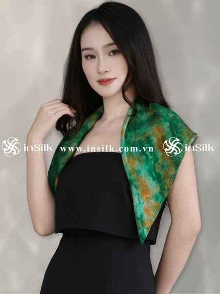Khăn lụa tơ tằm | khăn lụa vuông 65*65 | InSilk - Diệp vân (xanh lá, cam)