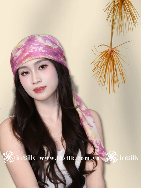 Khăn lụa tơ tằm | khăn lụa vuông 90*90 | InSilk - Đào vân (hồng, vàng)