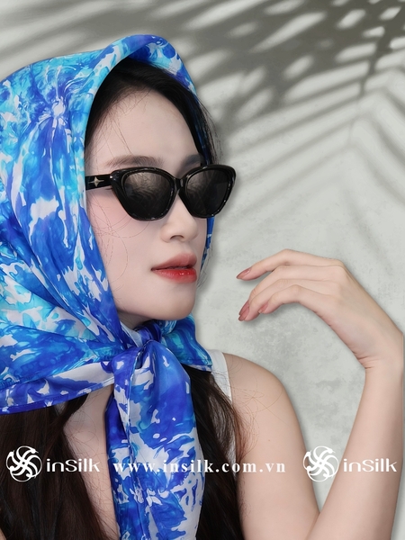 Khăn lụa tơ tằm | khăn lụa vuông 90*90 | InSilk - Lam Vân (xanh dương, trắng)