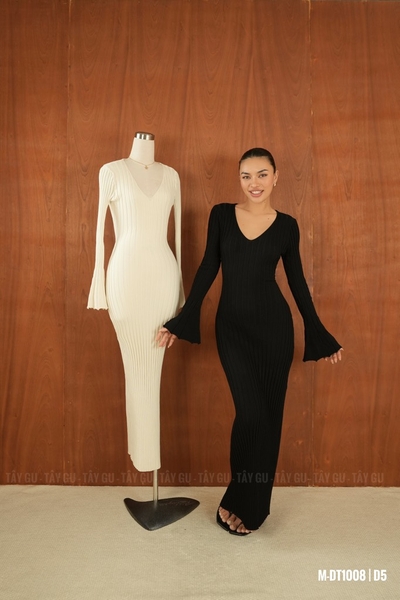 Đầm Len Gân Cổ V Tay Xòe SWAN Taygu | DT1008