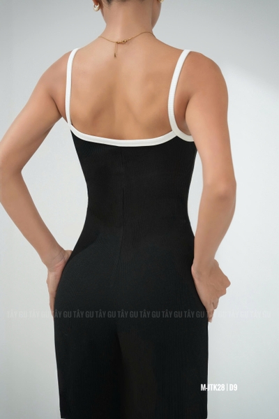 Jumpsuit Đen Hai Dây Viền Trắng POPA Taygu | JTK28