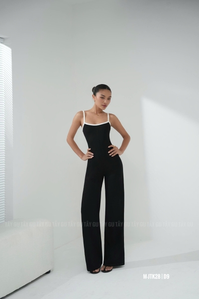 Jumpsuit Đen Hai Dây Viền Trắng POPA Taygu | JTK28