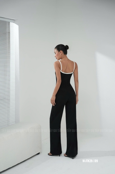 Jumpsuit Đen Hai Dây Viền Trắng POPA Taygu | JTK28