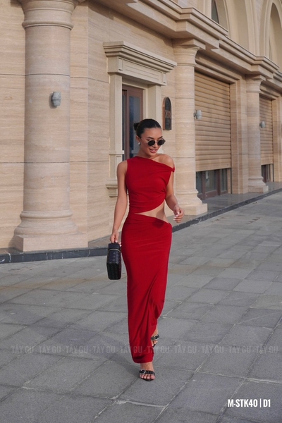Set Thiết Kế Áo Váy Xoắn Cuộn Đỏ Đô KAMI Taygu | STK40