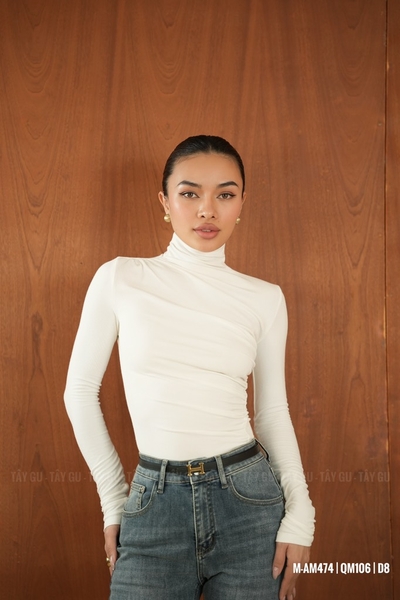 Áo Thun Tay Dài Cổ Lọ Thấp Nhún Vai Eo Taygu | AM474