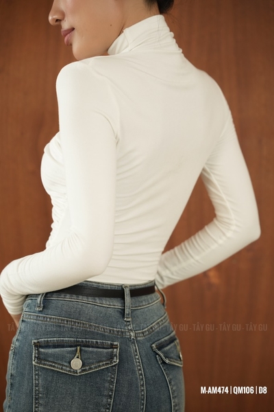 Áo Thun Tay Dài Cổ Lọ Thấp Nhún Vai Eo Taygu | AM474