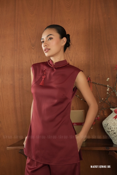 Áo Lụa Đỏ Tay Ngắn Diện Tết Ý AN Taygu | AT67