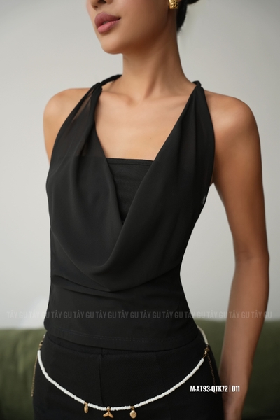Áo Chiffon Đen Nữ Cổ V Trễ Vai 2 Cách Mặc VELVA | AT93