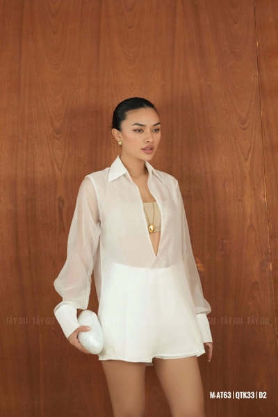 Áo Sơ Mi Voan Trắng Cổ Xẻ Sâu PERO Taygu | AT63