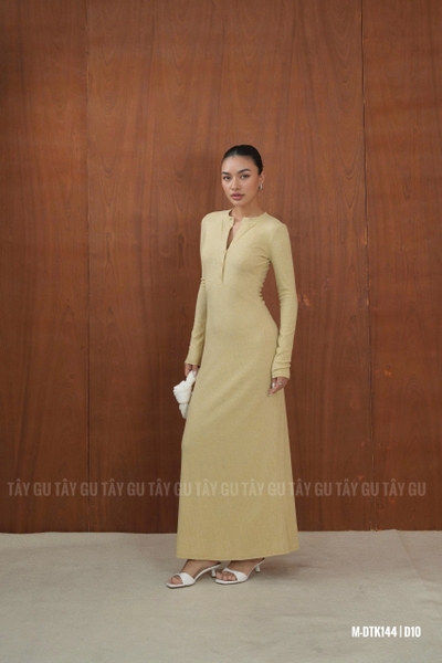 Đầm Thun Vàng Cổ Tròn Cài Nút Trước Dáng Xòe INVA Taygu | DTK144