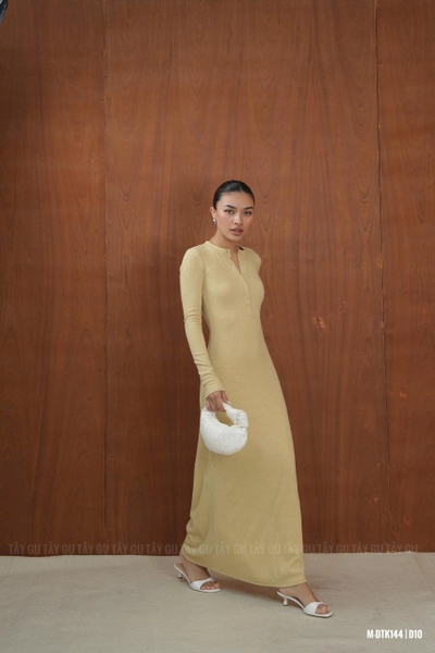 Đầm Thun Vàng Cổ Tròn Cài Nút Trước Dáng Xòe INVA Taygu | DTK144