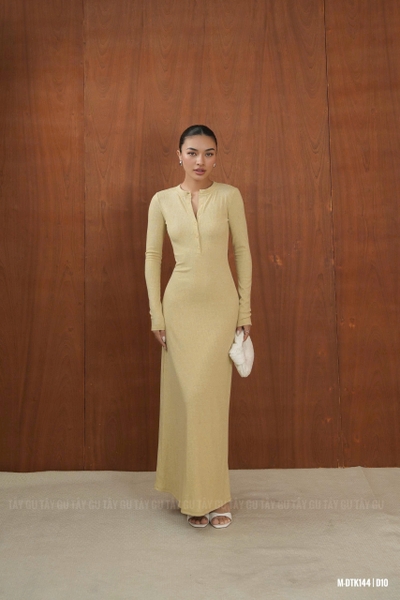 Đầm Thun Vàng Cổ Tròn Cài Nút Trước Dáng Xòe INVA Taygu | DTK144