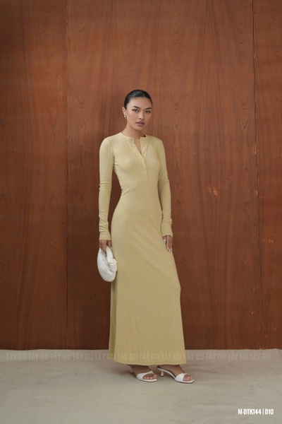 Đầm Thun Vàng Cổ Tròn Cài Nút Trước Dáng Xòe INVA Taygu | DTK144