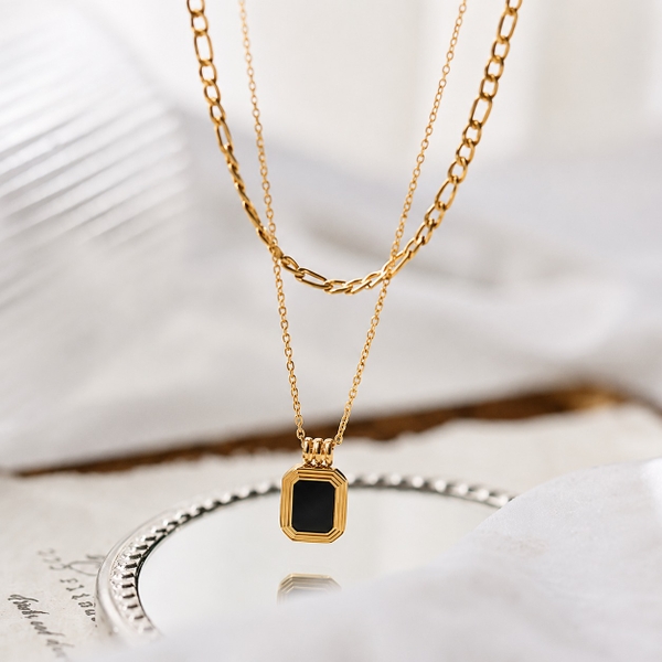 MIALIE - 18K Gold Plated Double Chain Necklace With Black Stone Pendant