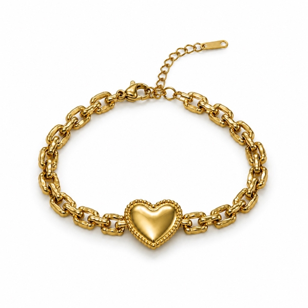 ROUGE - 18K Gold Plated Link Chain Bracelet With Heart Pendant