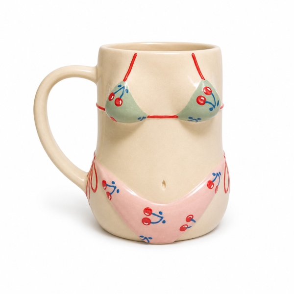 MEOW POTTERY - Bikini Mug in Sage & Pink With Cherry