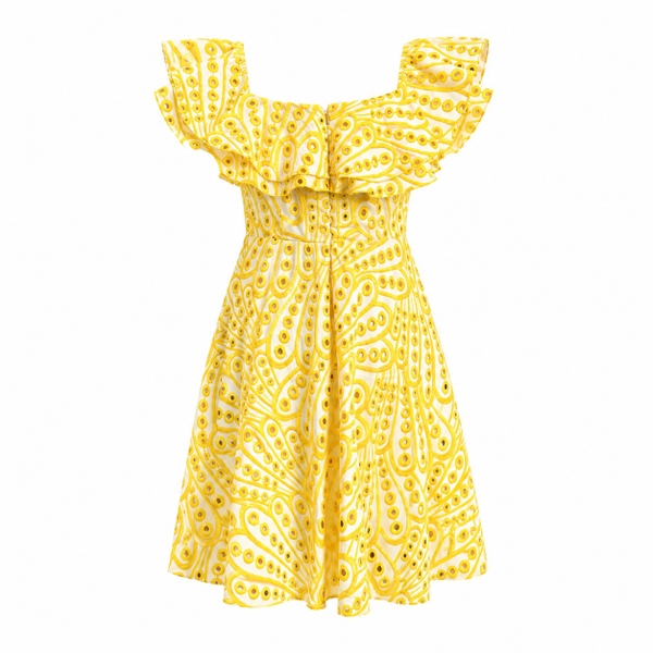 HUMANITY HANOI - Off Shoulder Embroidery Mini Dress in Yellow