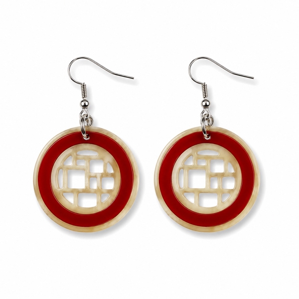 AZIET -  Buffalo Horn & Lacquer Round Earrings With Pattern in Brick