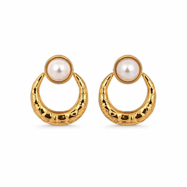 MIALIE - 18K Gold Plated Hammered Pearl Hoop Earrings