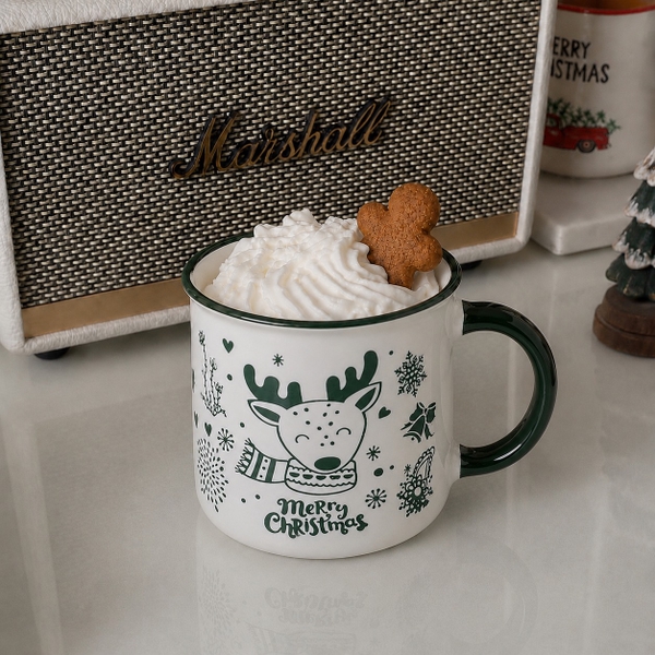CHRISTMAS - Ceramic Short Mug in Green Reindeer
