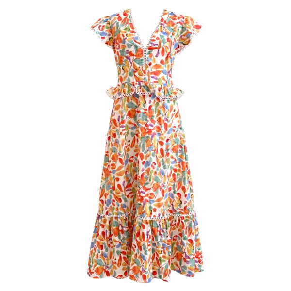 HUMANITY HANOI -  V Neck Maxi Dress in Colorful Leaf