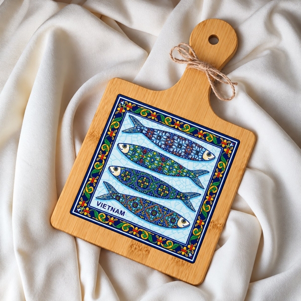 BÁT TRÀNG CERAMIC - Wood & Ceramic Pot Holder In Sardine