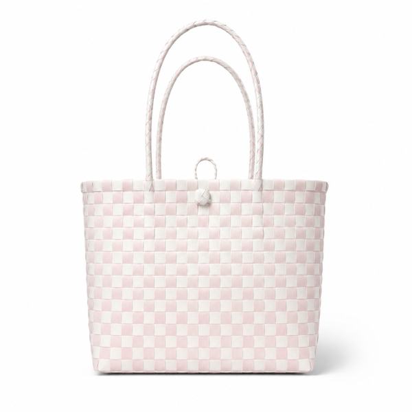 Woven Basket Bag in White & Pink Gingham (M)