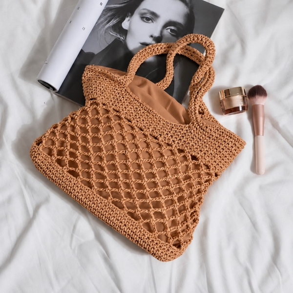 Macrame Tote Bag With Zipper - Tan