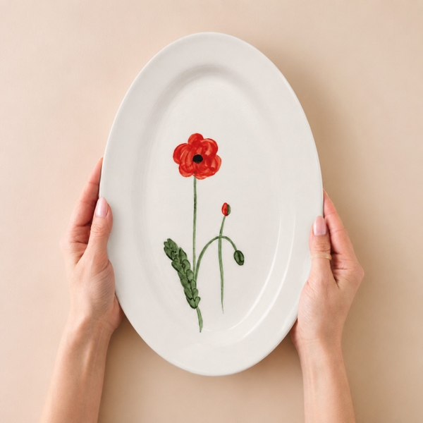 BÁT TRÀNG CERAMIC - Oval Plate With Red Flower