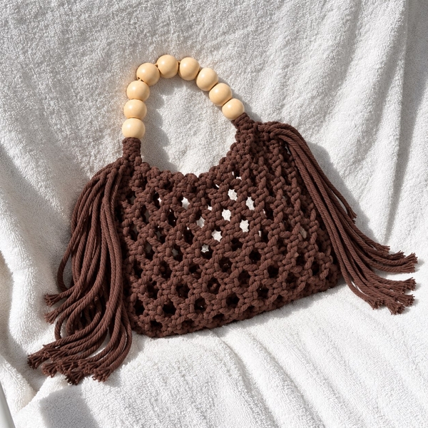 Macrame Hand Bag With Wooden Bead - Brown