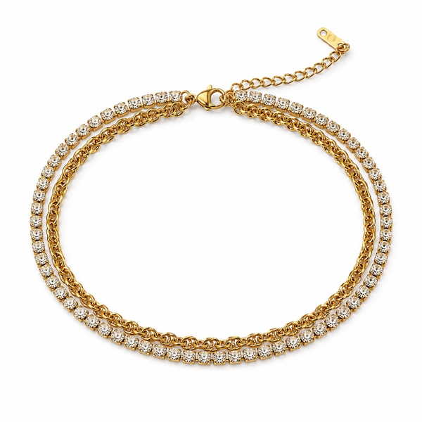 MIALIE - 18K Gold Plated Double Layer Link Bracelet With Rhinestone