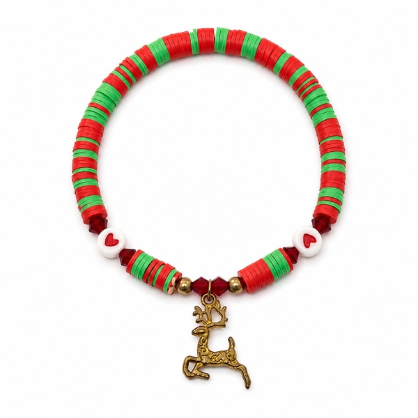 ELI & LOU - Bead Bracelet In Green & Red Reindeer Charm