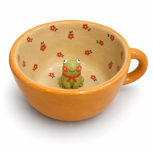 LINDO CRAFTS - Orange Mug With Tiny Red Flower & Frog Inside