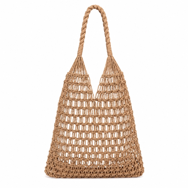 Cotton Macrame Market Tote Bag in Tan