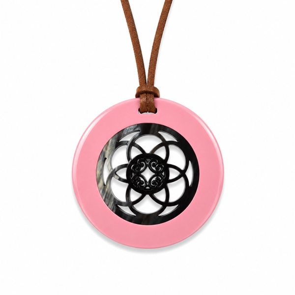 AZIET -  Buffalo Horn & Lacquer Necklace In Pink With Black Flower Inside