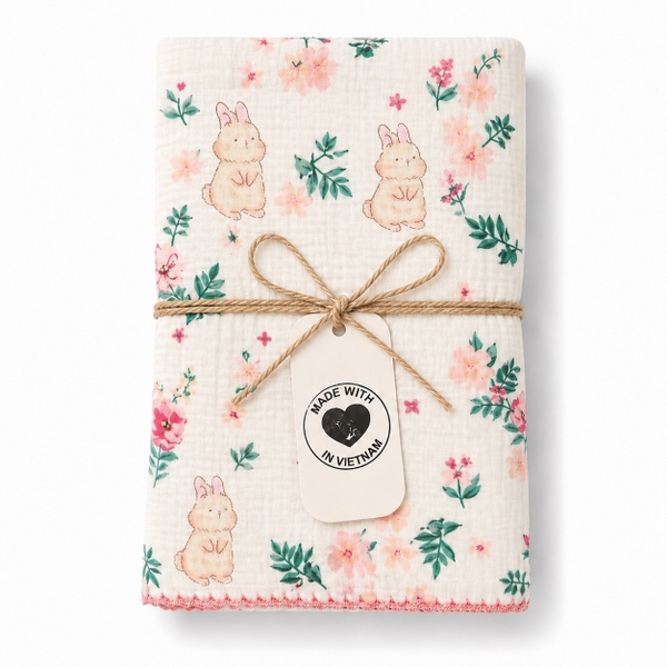 Muslin Blanket For Babies - Bunny & Pink Flower