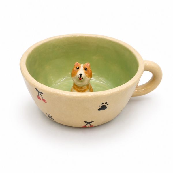 LINDO CRAFTS - Cherry & Paw Print Mug in Green With Shiba Inside